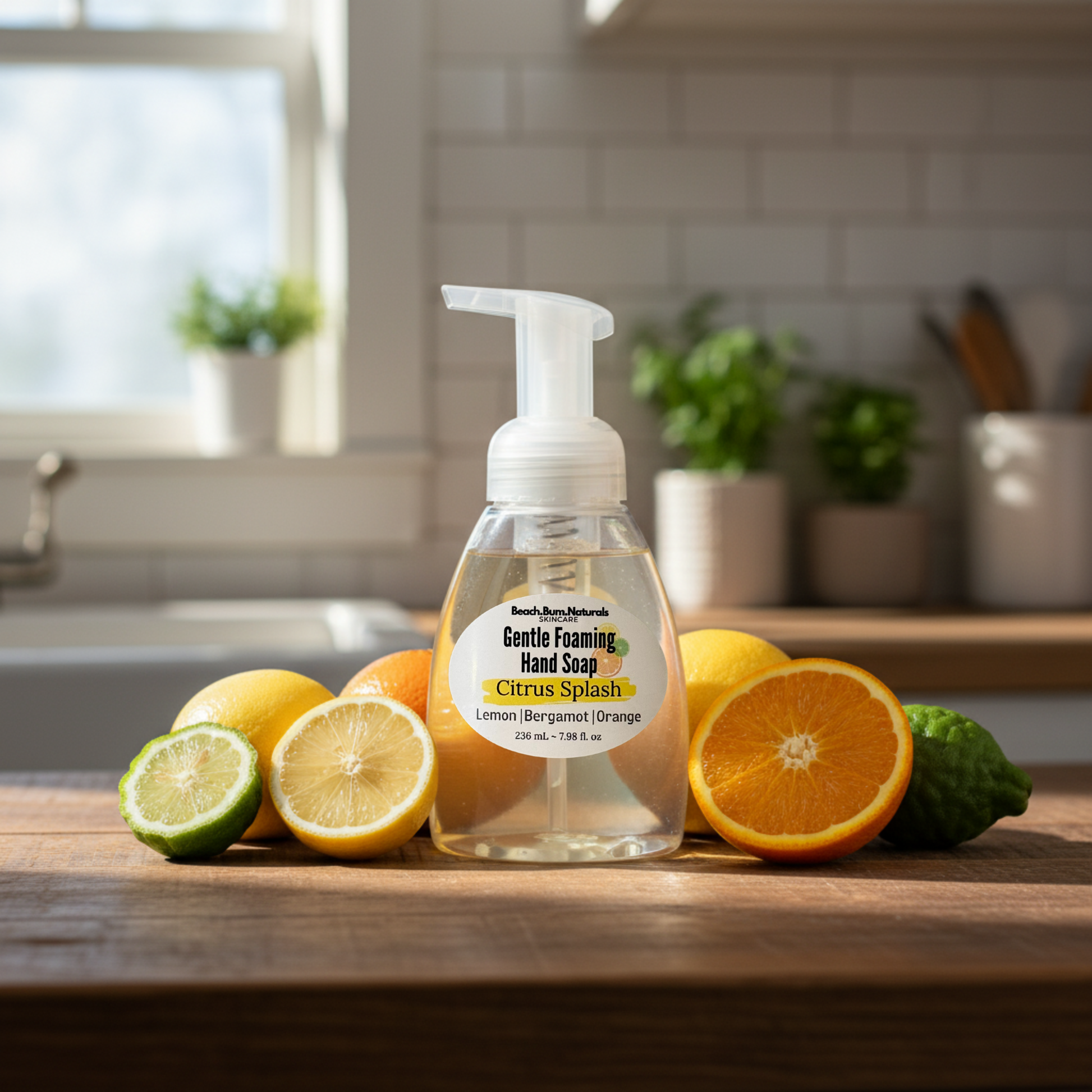 Hand soap bottle with citrus fruits on a kitchen counter