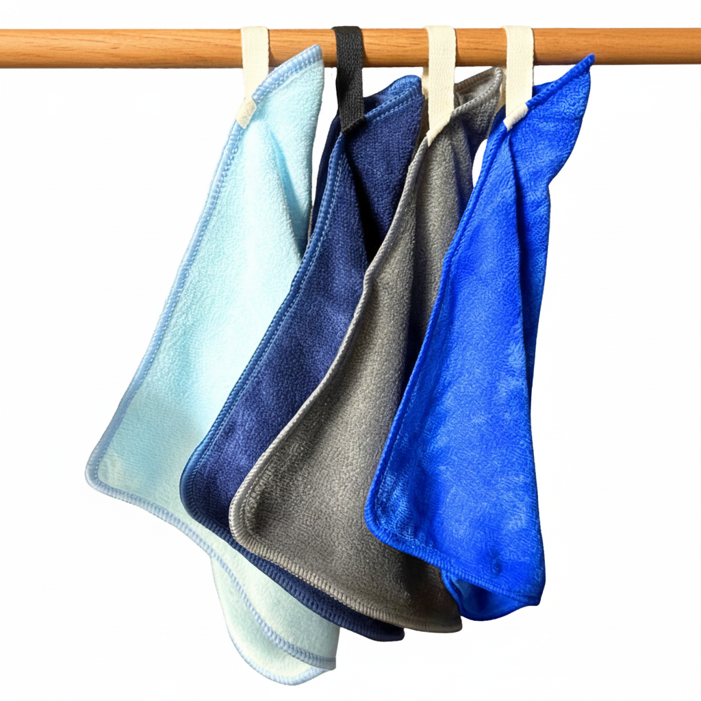 Four microfiber cloths in blue, gray, and black hanging on a wooden rod against a white background.